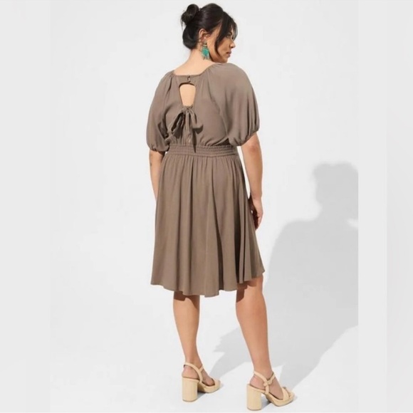 torrid Dresses & Skirts - Torrid Mini Linen Brown Puff Sleeve Skate Dress Size 2X(18-20)